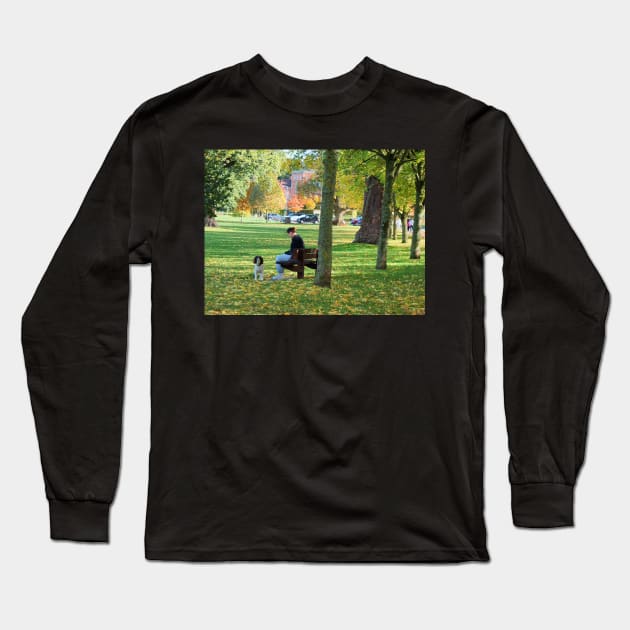 Young woman with her dog and phone in the park Long Sleeve T-Shirt by fantastic-designs